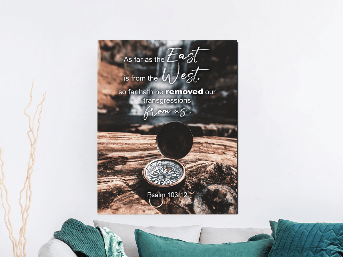 Scripture Canvas From Us Psalm 103:12 Christian Wall Art Bible Verse Meaningful Home Decor Gifts Unique Housewarming Gift Ideas Framed Prints, Canvas