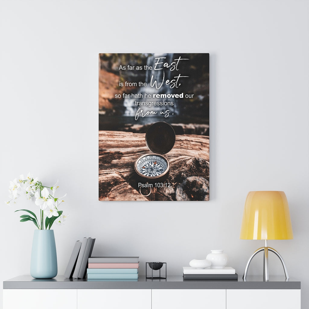Scripture Canvas From Us Psalm 103:12 Christian Wall Art Bible Verse Meaningful Home Decor Gifts Unique Housewarming Gift Ideas Framed Prints, Canvas