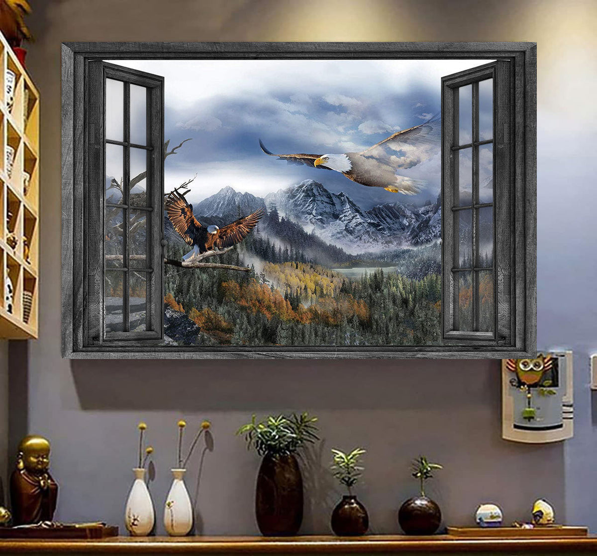 Eagle 3D Window View Canvas Wall Art Art Eagle On Top Of The Mountains Home Decoration Gift Idea Easter Framed Prints, Canvas