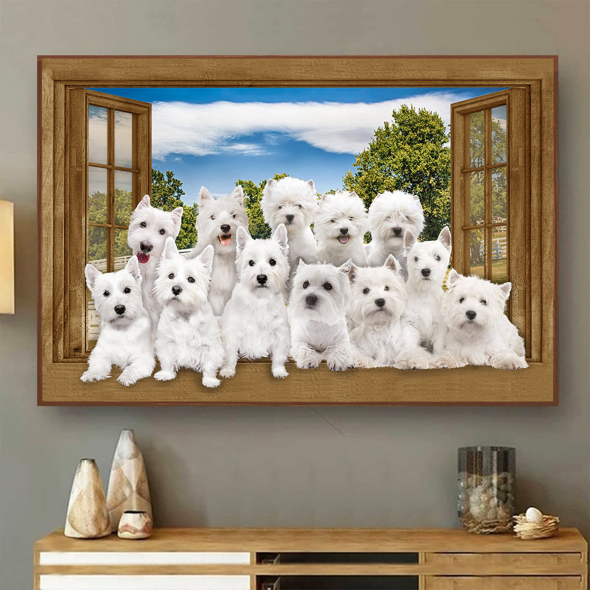 West Highland White Terrier 3D Window View Canvas Wall Art Art 3D Window View Dogs Lover Home Decoration Gift Idea Birthday Framed Prints, Canvas