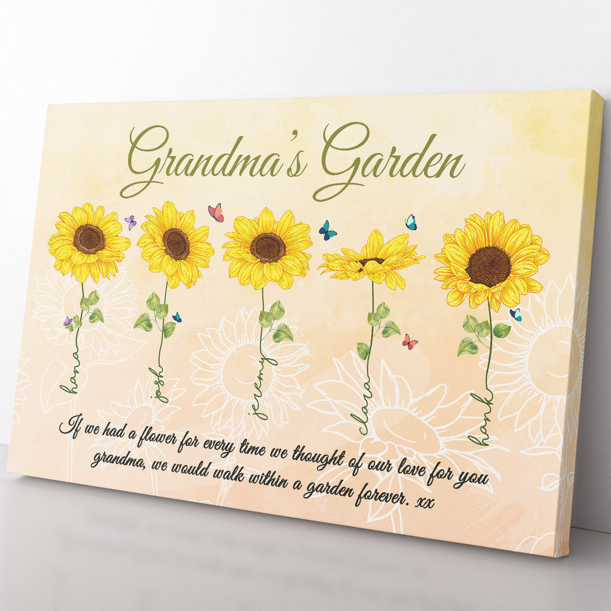 Personalized Grandkid Names Grandma's Garden Sunflower Wall Art Gift Ideas, Thought Of Our Love For You Wall Art Gift For Grandma Framed Prints, Canvas
