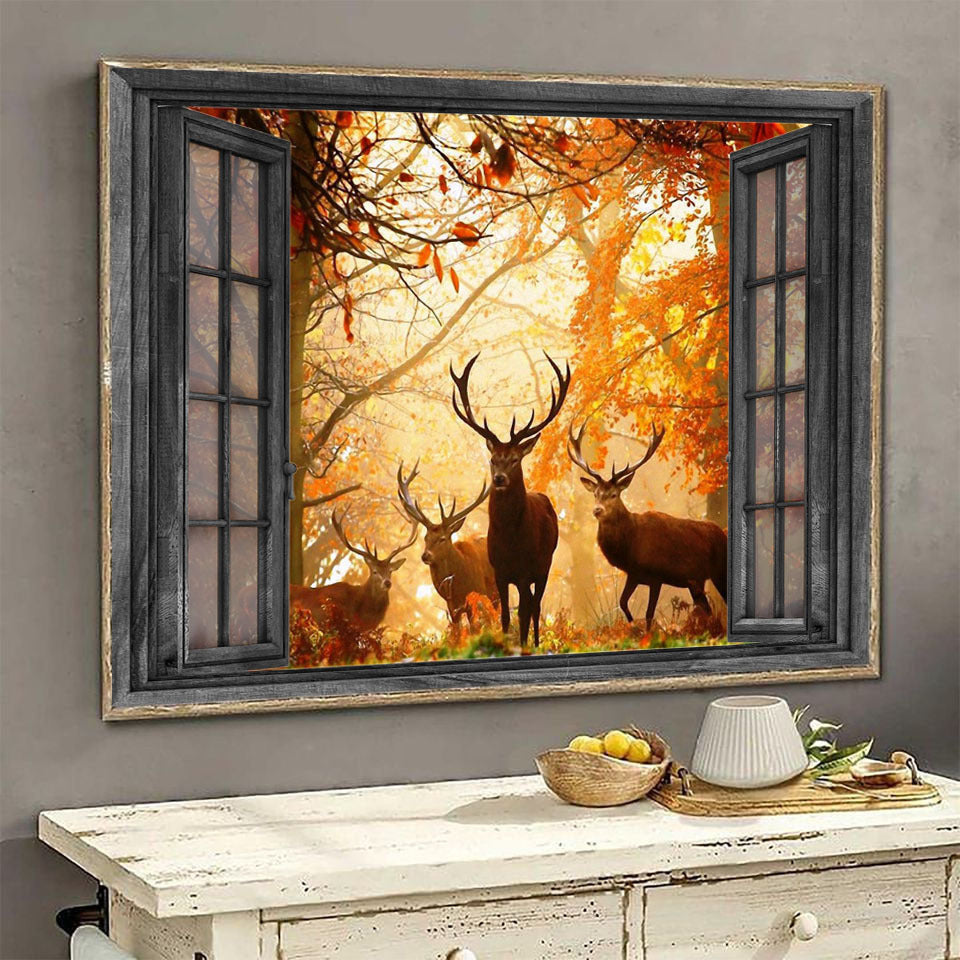 Deer 3D Window View Wall Art Housewarming Gift Decor Maple Forest Hunting Lover Ha0258-Tnt Framed Prints, Canvas