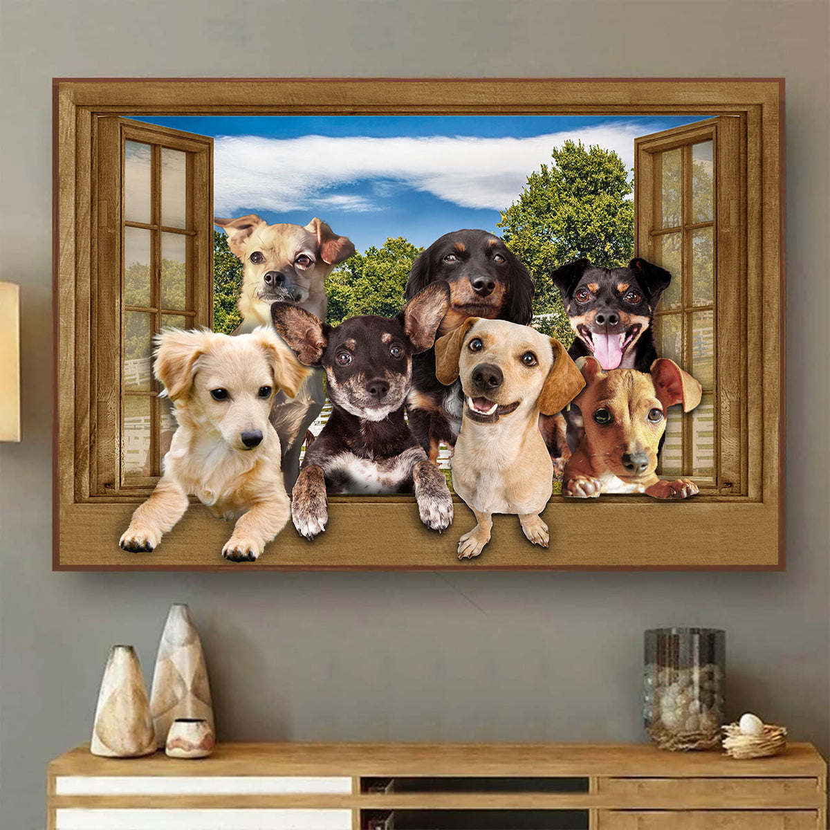 Chiweenie 3D Window View Canvas Wall Art Art Dogs Lover Home Decoration Gift For Friend Framed Prints, Canvas