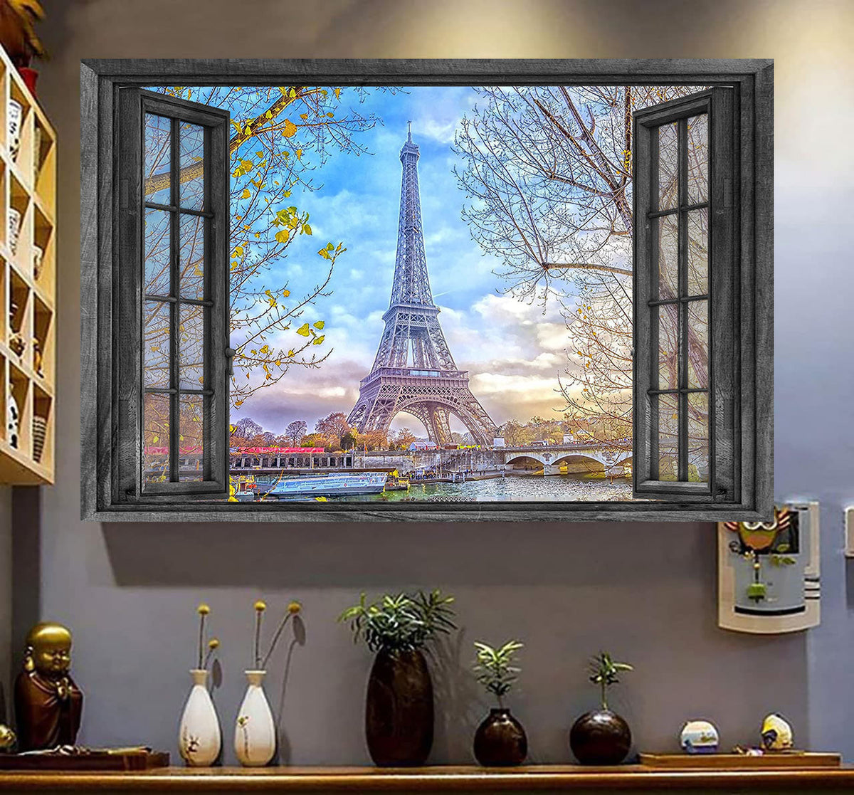 Eiffel Tower 3D Window View Wall Arts Art Home Decoration Gift Idea Birthday Framed Prints, Canvas