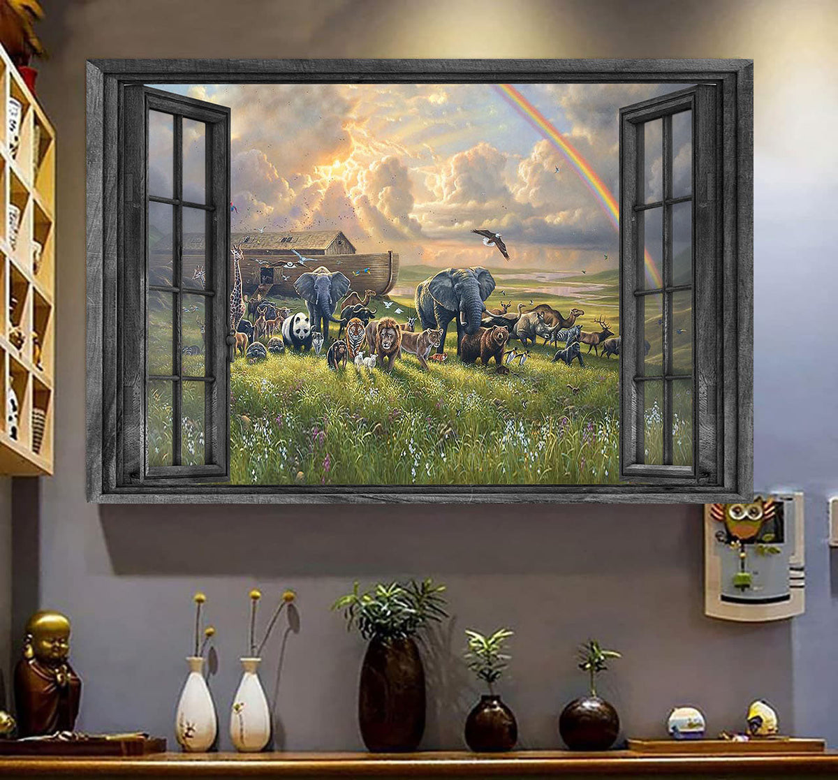 Wild Animals 3D Window View Canvas Wall Art Art Rainbow Elephant Lion Tiger Bear Panda Home Decoration Gift Idea Easter Framed Prints, Canvas