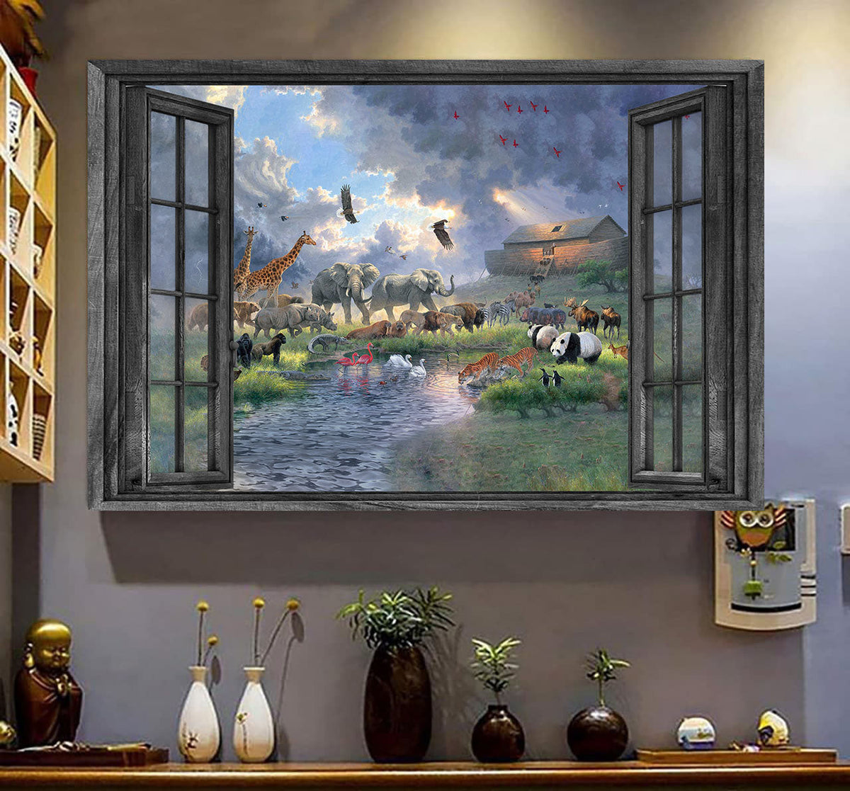 Wild Animals 3D Window View Canvas Wall Art Art Elephant Lion Tiger Bear Panda Swan Home Decoration Gift Idea Easter Framed Prints, Canvas