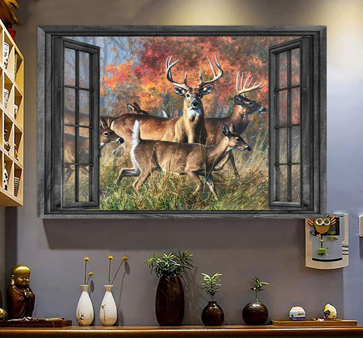 White Tailed Deer 3D Window View Wall Arts Hunting Lover Home Decoration Gift Idea Easter Gift Father Day Framed Prints, Canvas