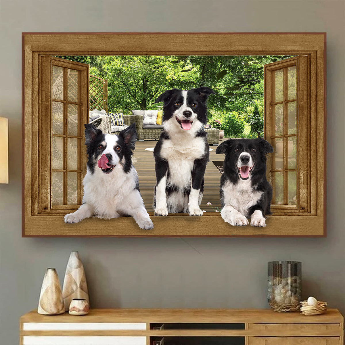 Funny Border Collie Wall Art 3D Window View Opend Window Home Decor Gift Dogs Lover Framed Prints, Canvas