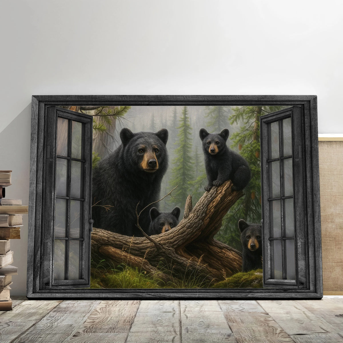 Bear 3D Window View Canvas Black Bear Mom and Cubs Wall Art