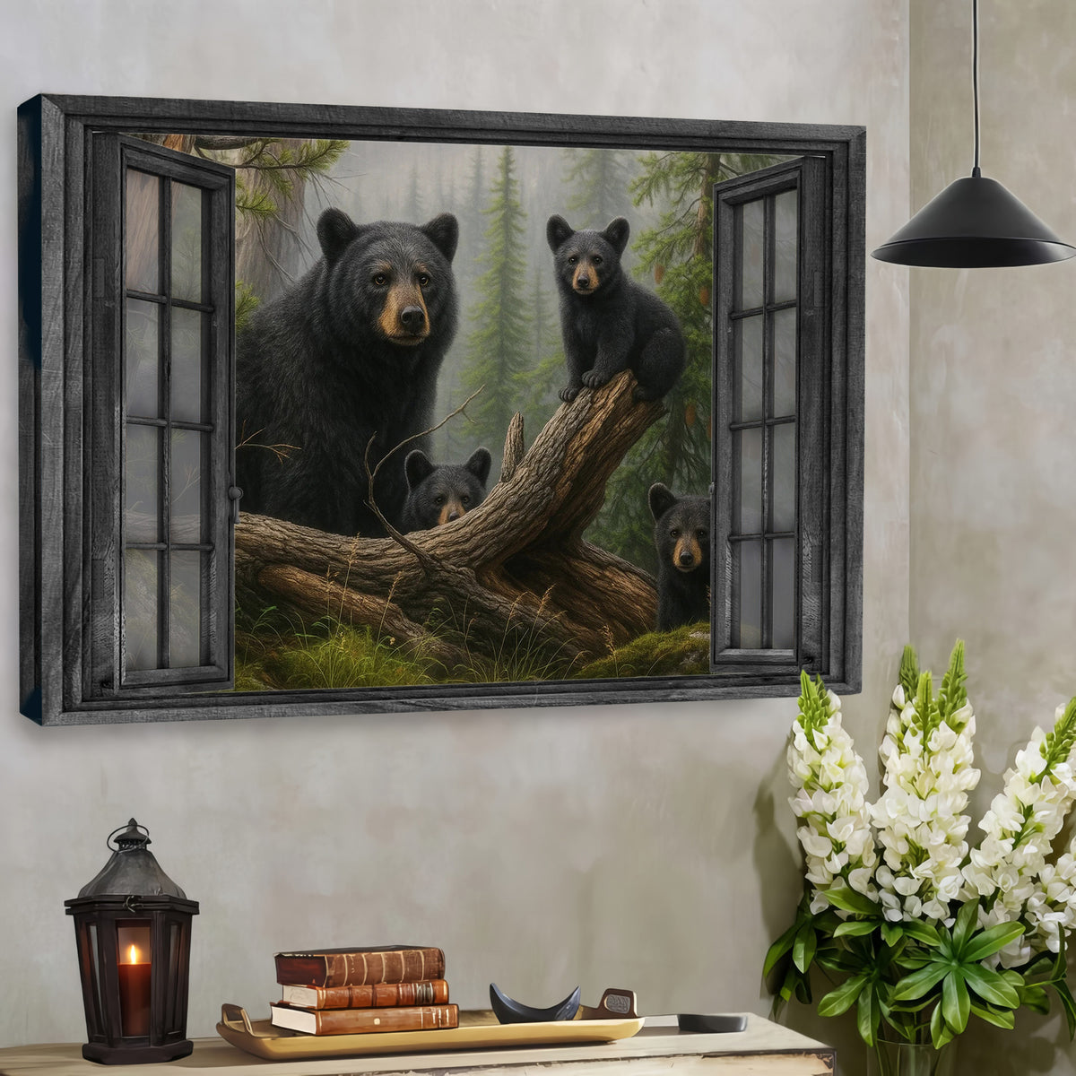 Bear 3D Window View Canvas Black Bear Mom and Cubs Wall Art