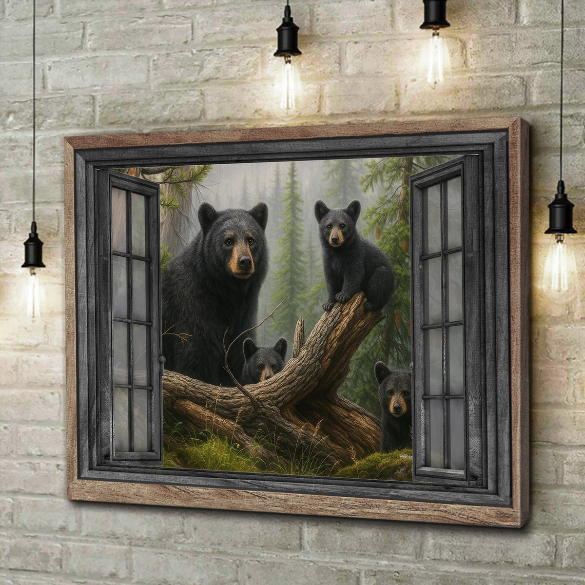 Bear 3D Window View Canvas Black Bear Mom and Cubs Wall Art