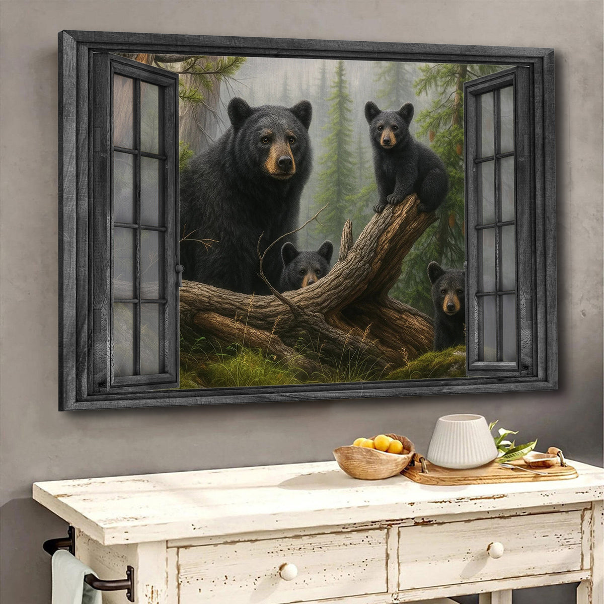 Bear 3D Window View Canvas Black Bear Mom and Cubs Wall Art