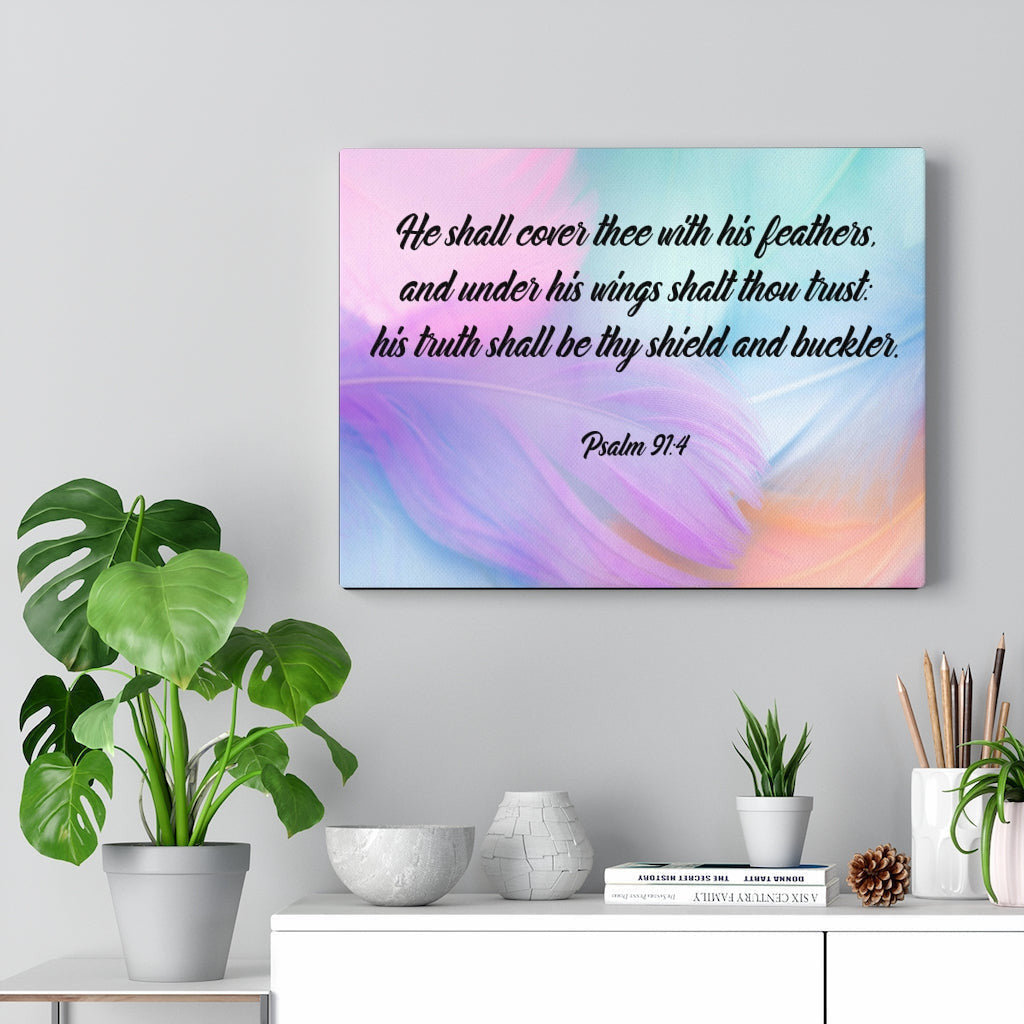Scripture Canvas Under His Wings Psalm 91:4 Christian Wall Art Bible Verse Meaningful Home Decor Gifts Unique Housewarming Gift Ideas Framed Prints, Canvas