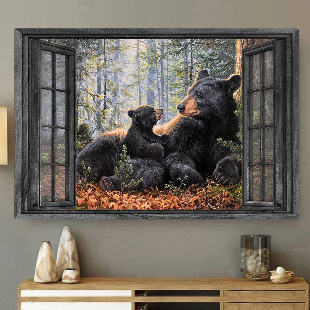 Mom and Cub Black Bear 3D Window View Canvas Wall Art Art Home Decor Living Decor Black Bear Gift Framed Prints, Canvas