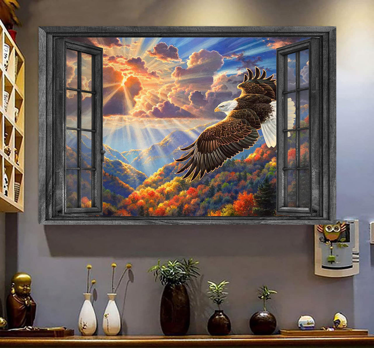 Eagle Aurora 3D Window View Canvas Wall Art Art Eagle Fly On The Sky Home Decoration Gift Idea Easter Framed Prints, Canvas