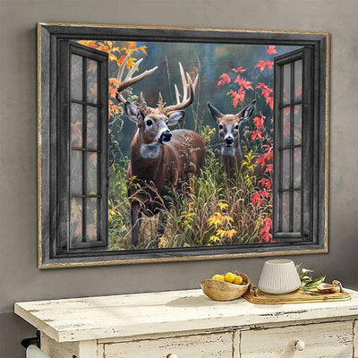 Deer 3D Window View Wall Art Housewarming Gift Decor Maple Tree Tussock Hunting Lover Da0350-Tnt Framed Prints, Canvas