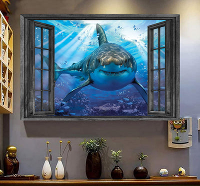 Sharks 3D Window View Canvas Wall Art Art Sea Animals Home Decoration Gift Idea Easter Framed Prints, Canvas