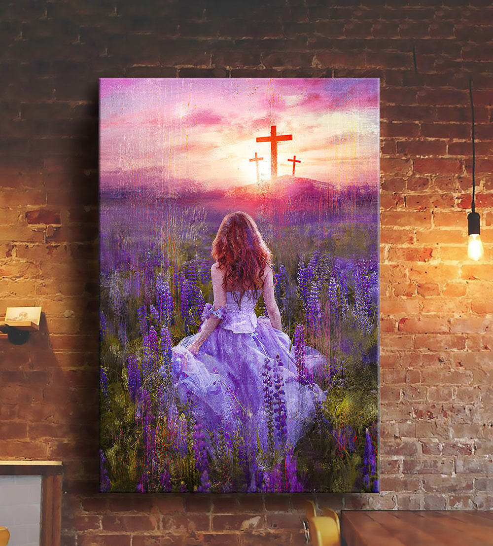 Beautiful Girl In The Lavender Field Cross - Jesus Portrait - Matte Wall Art Gallery Canvas Painting, Canvas Hanging Home Decor Gift Idea Framed Prints, Canvas
