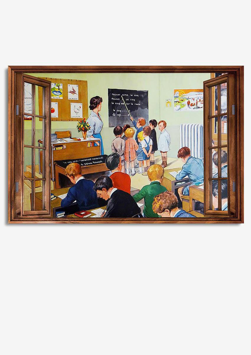 Vintage 3D Window View Home Decoration Gift Idea Classroom Teacher Wall Art For School Decor Framed Prints, Canvas