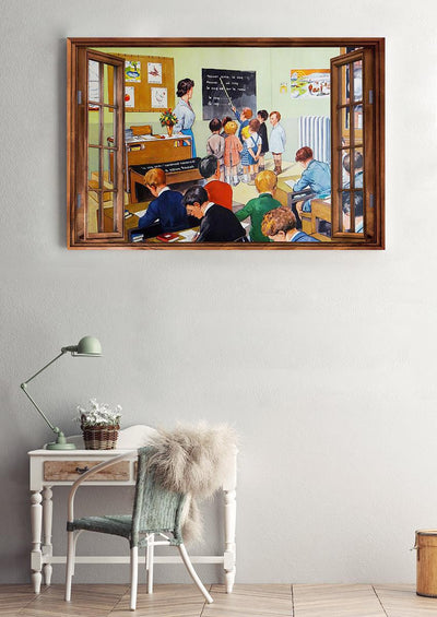 Vintage 3D Window View Home Decoration Gift Idea Classroom Teacher Wall Art For School Decor Framed Prints, Canvas