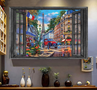 Eiffel Tower 3D Window View Wall Art Art Paris Home Decoration Gift Idea Birthday Framed Prints, Canvas