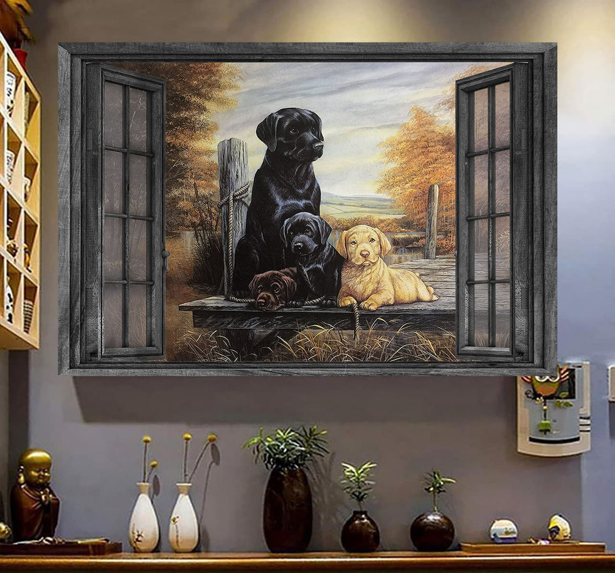 Labrador Family Hunting Wall Art 3D Window View Art Dog Lovers Home Decoration Gift Idea Framed Prints, Canvas