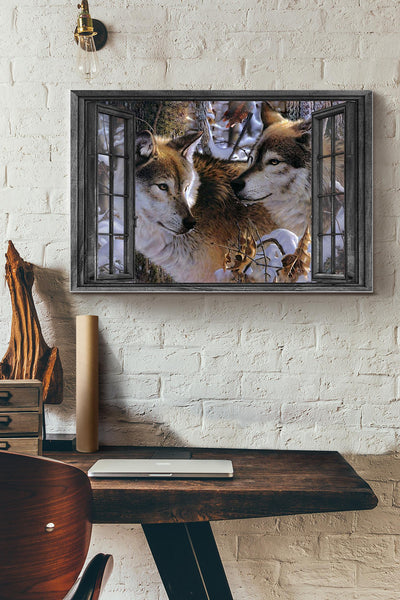 Vintage 3D Window View Home Decoration Gift Idea Couple Wolf In The Snow Forest Wall Art Decor Framed Prints, Canvas