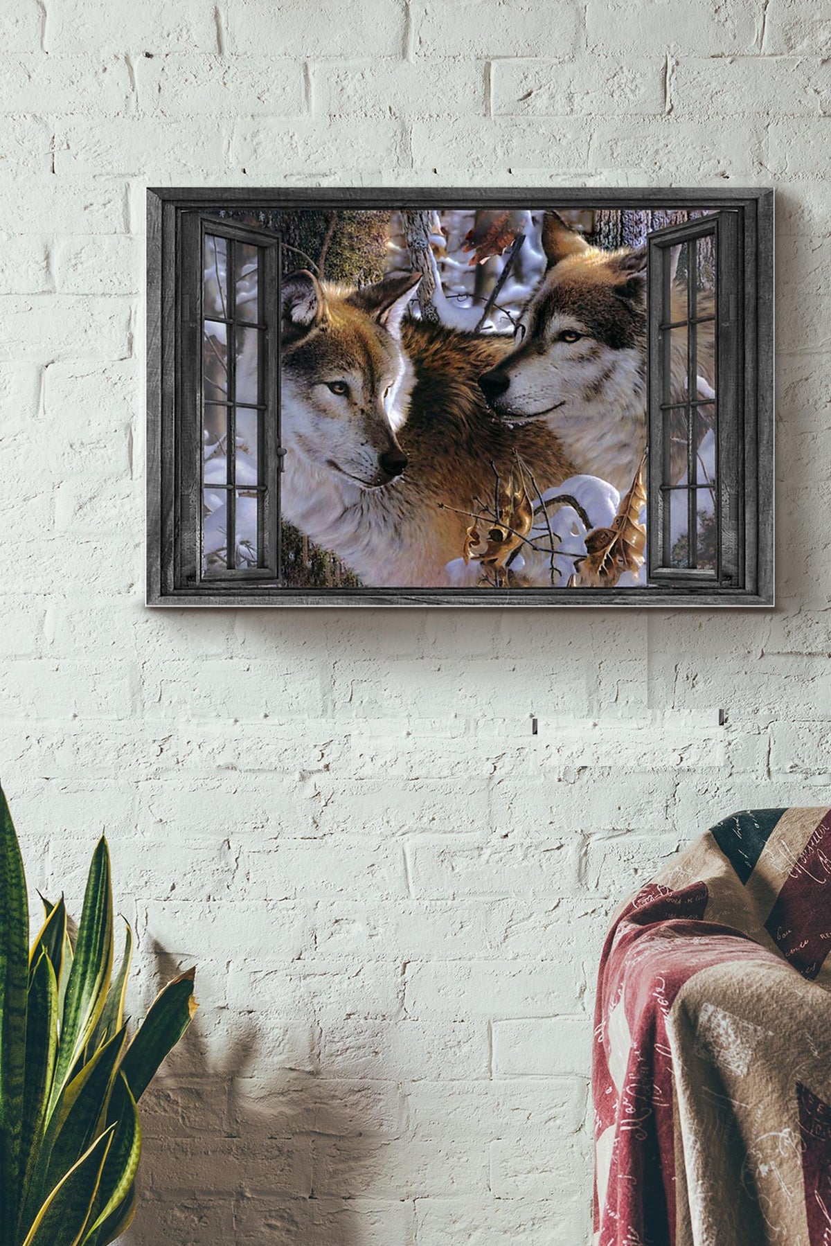 Vintage 3D Window View Home Decoration Gift Idea Couple Wolf In The Snow Forest Wall Art Decor Framed Prints, Canvas