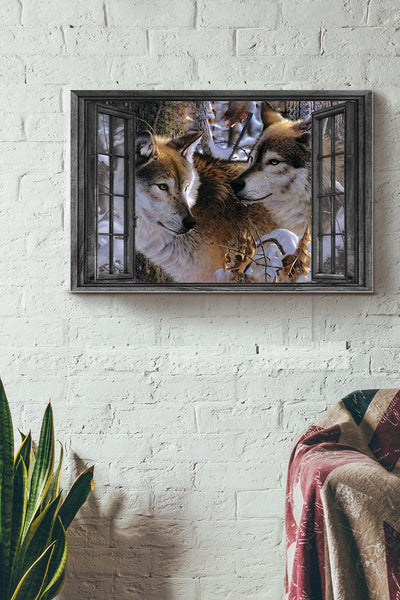 Vintage 3D Window View Home Decoration Gift Idea Couple Wolf In The Snow Forest Wall Art Decor Framed Prints, Canvas