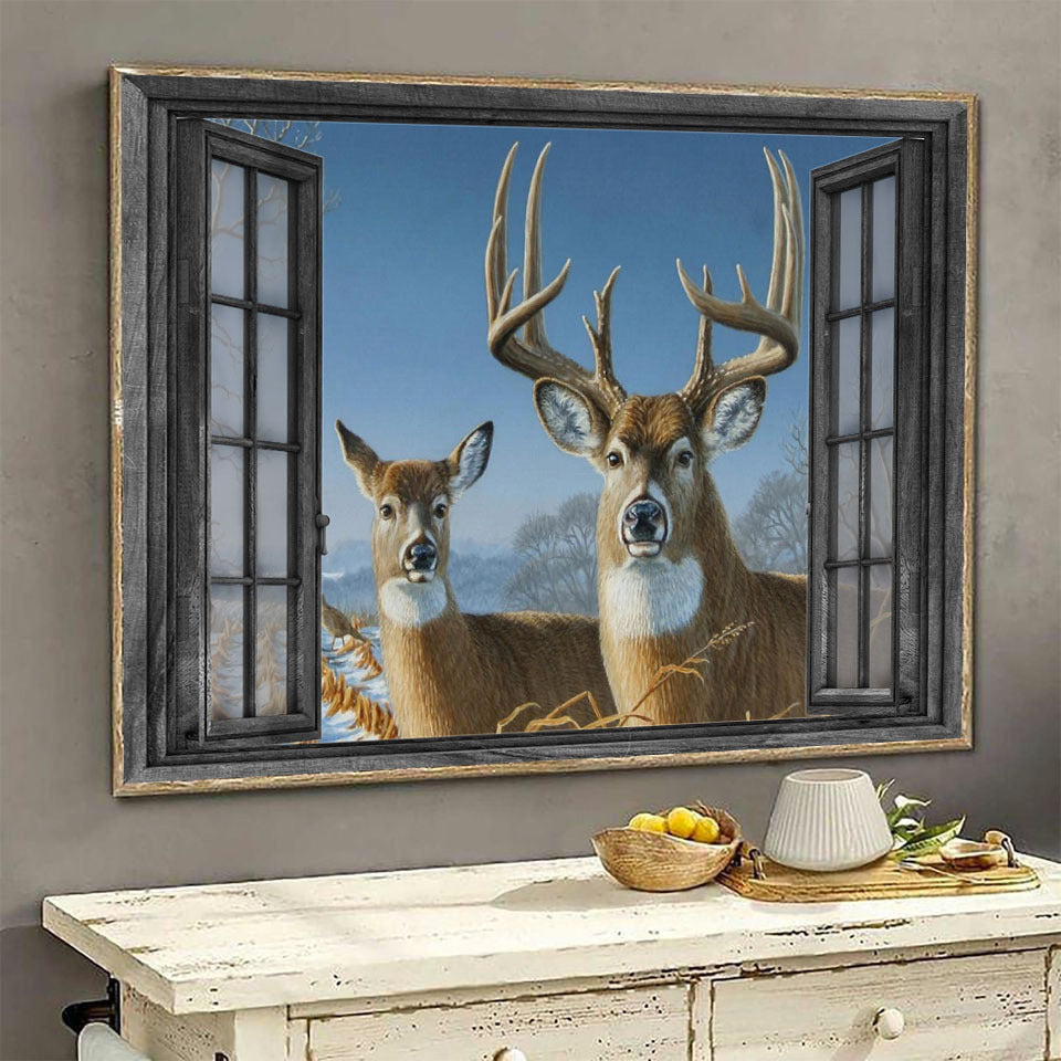 Deer 3D Window View Wall Art Housewarming Gift Decor Winter Hunting Lover Da0347-Tnt Framed Prints, Canvas