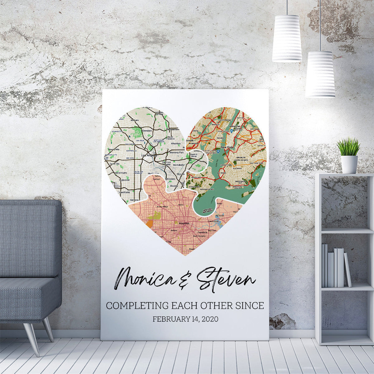 Personalized Heart Map Print On Wall Art, Valentines Day Gift Framed Prints, Canvas