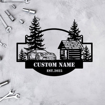 911 992 GT3 RS Angle Silhouette Metal Wall Art with Pine Forest Cabin Background Personalized Car Decor Gift for Men Dad Husband