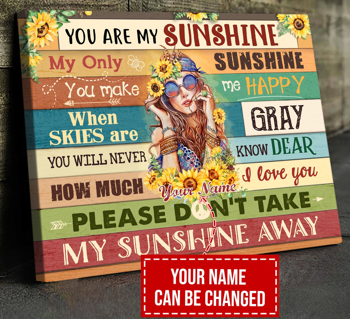 Personalized Hippie Wall Art You Are My Sunshine Custom Gift Framed Prints, Canvas