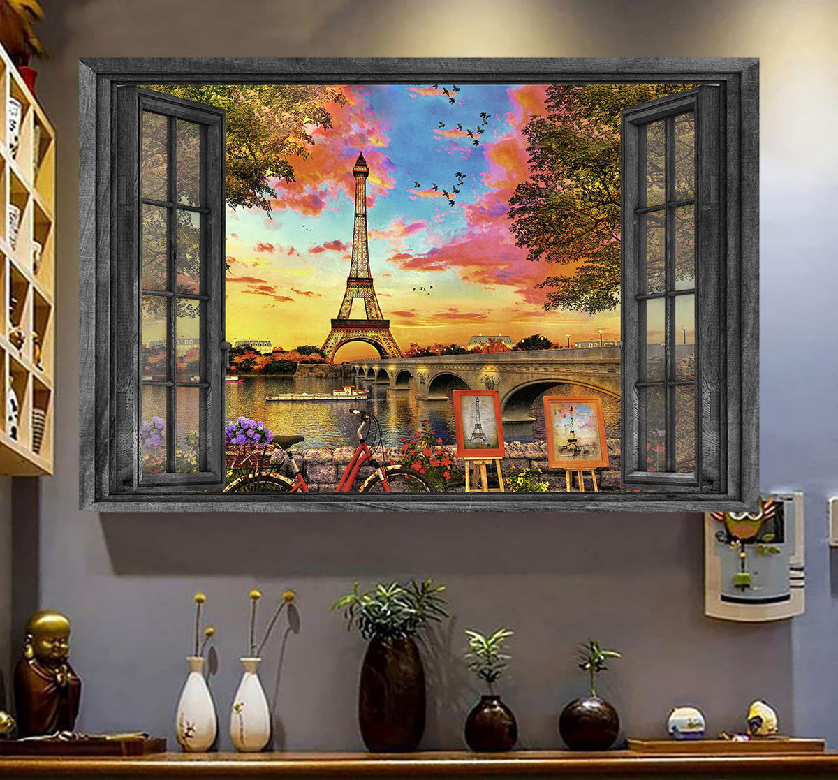 Eiffel Tower 3D Window View Canvas Wall Art Paris Home Decoration Gift Idea Birthday Framed Prints, Canvas