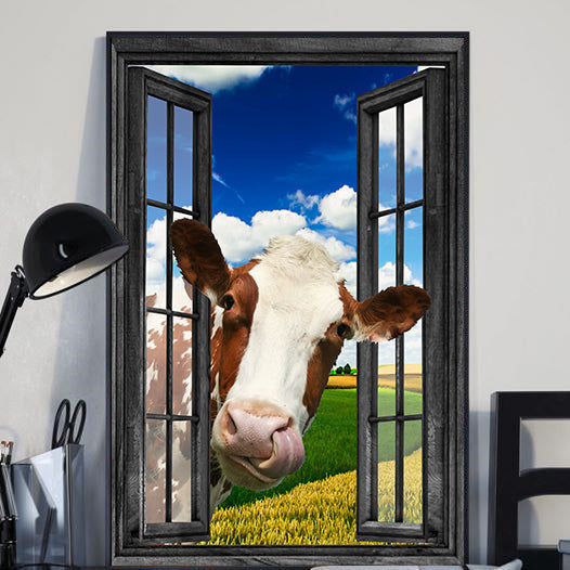 Hereford Cow 3D Window View Canvas Wall Art Prints Home Decor Gift For Your Friend Hereford Tongue Out Framed Prints, Canvas