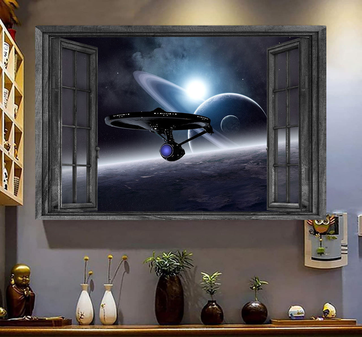 Spacecraft 3D Window View Wall Art Prints Home Decoration Gift Idea Birthday Framed Prints, Canvas
