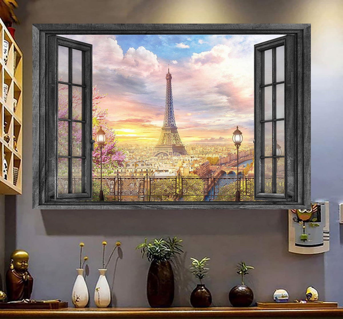 Eiffel Tower 3D Window View Canvas Wall Art Print Home Decoration Gift Idea Gift Birthday Framed Prints, Canvas
