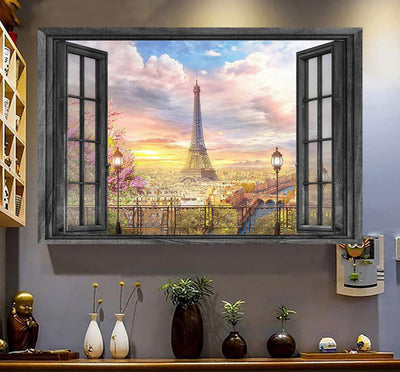 Eiffel Tower 3D Window View Canvas Wall Art Print Home Decoration Gift Idea Gift Birthday Framed Prints, Canvas
