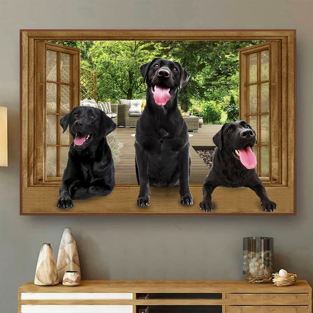 Funny Black Labrador Wall Art 3D Window View Opend Window Home Decor Gift Dogs Lover Framed Prints, Canvas