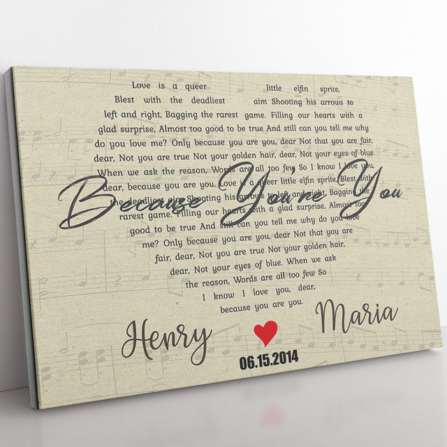 Personalized Wall Art Gift For Him, First Love Song Lyrics Heart Shape Framed Prints, Canvas