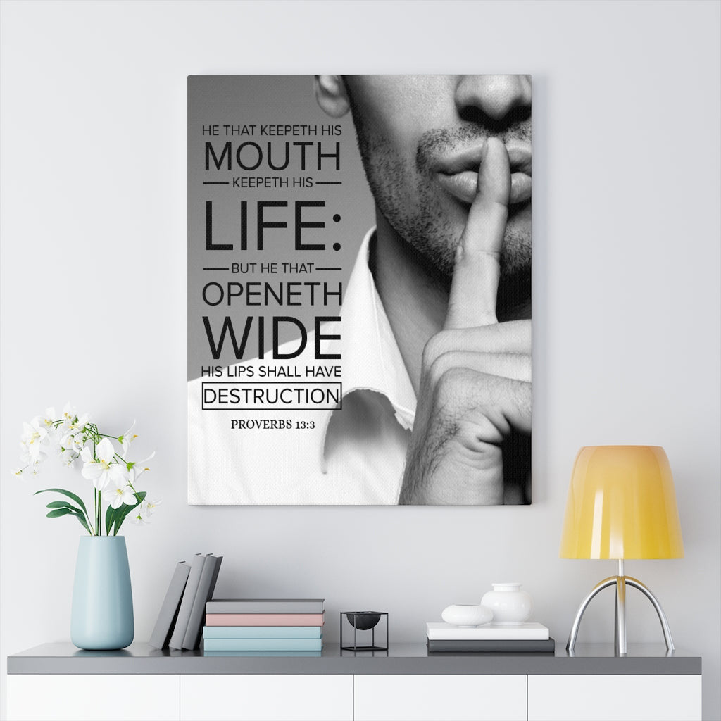 Scripture Canvas He That Keepeth His Mouth Proverbs 13:3 Christian Wall Art Bible Verse Meaningful Home Decor Gifts Unique Housewarming Gift Ideas Framed Prints, Canvas