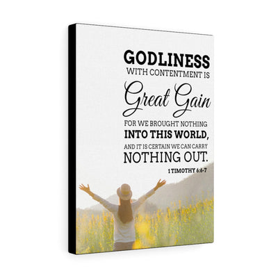 Scripture Canvas Godliness with Contentment 1 Timothy 6:6-7 Christian Wall Art Bible Verse Meaningful Home Decor Gifts Unique Housewarming Gift Ideas Framed Prints, Canvas