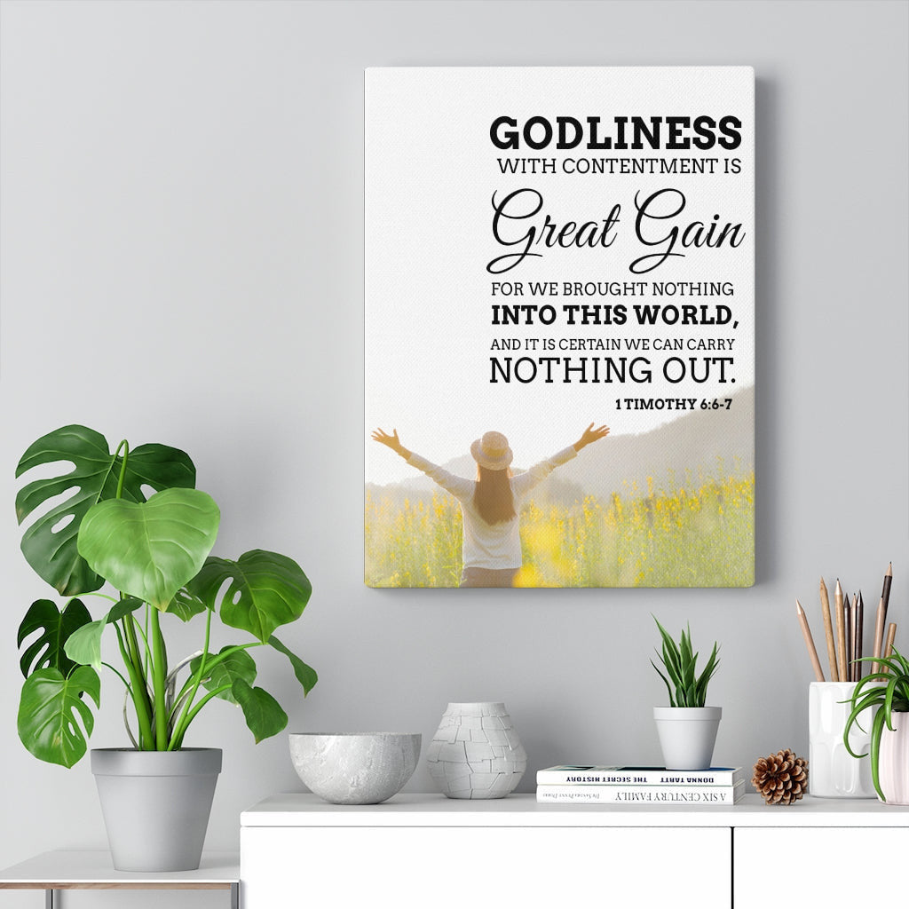 Scripture Canvas Godliness with Contentment 1 Timothy 6:6-7 Christian Wall Art Bible Verse Meaningful Home Decor Gifts Unique Housewarming Gift Ideas Framed Prints, Canvas