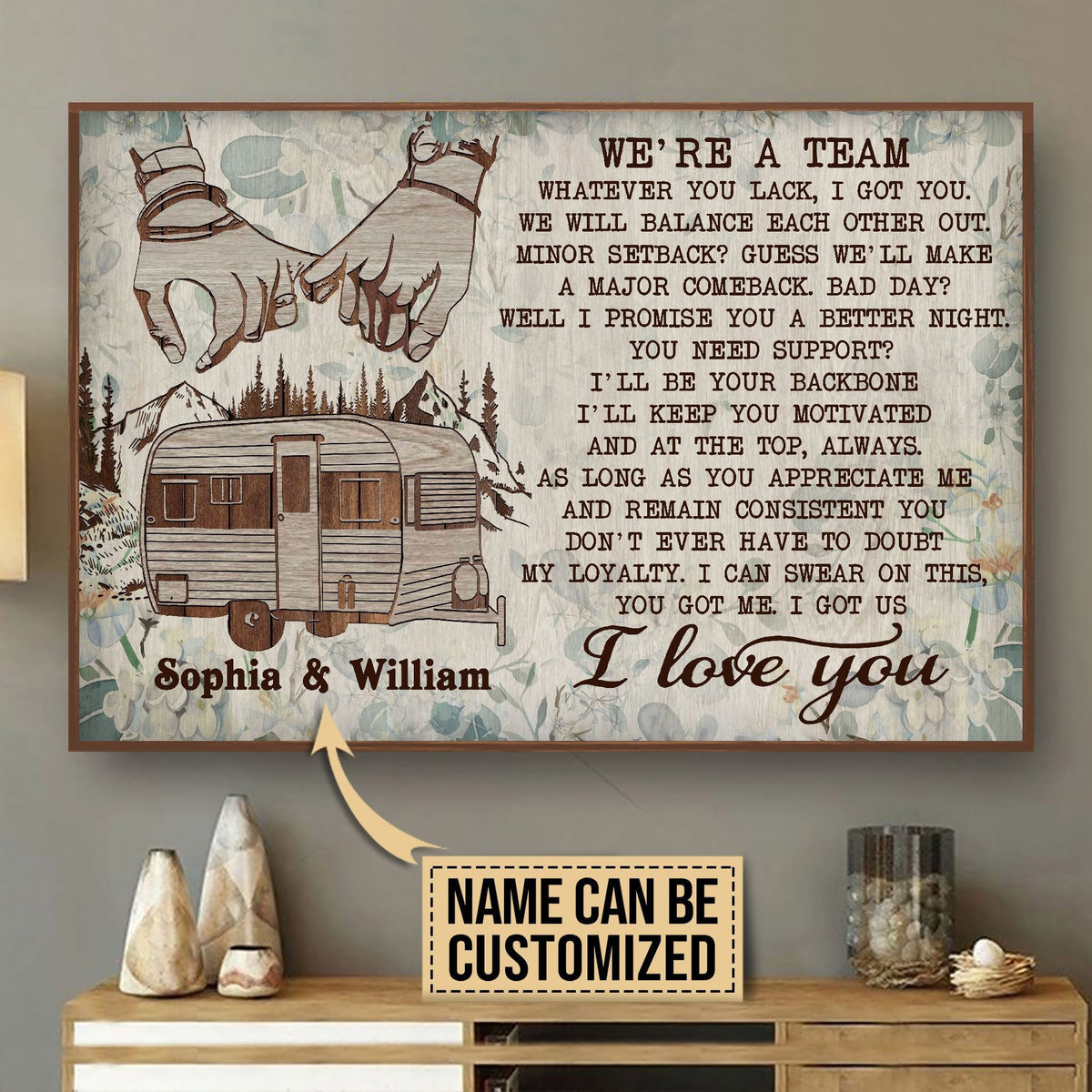 Personalized Canvas Frames Home Decoration Floral Camping Pinky We Are A Team  Framed Prints, Canvas