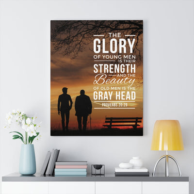 Scripture Canvas The Glory of Young Men Proverbs 20:29 Christian Wall Art Bible Verse Meaningful Home Decor Gifts Unique Housewarming Gift Ideas Framed Prints, Canvas