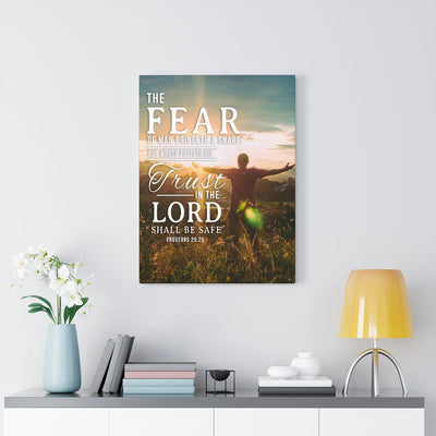 Scripture Canvas The Fear of Man Proverbs 29:25 Christian Wall Art Bible Verse Meaningful Home Decor Gifts Unique Housewarming Gift Ideas Framed Prints, Canvas