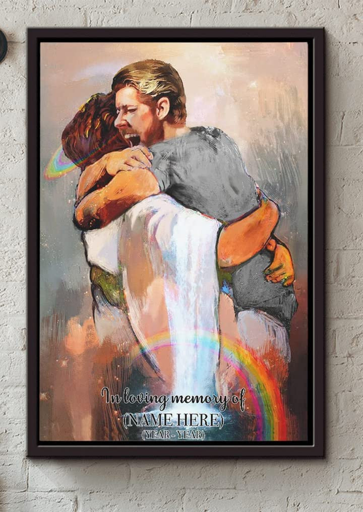 First Day In Heaven Wall Art, Hug Of God, In Hands Of God, Memorial Gifts, Personalized Memorial Gifts For Men Framed Prints, Canvas