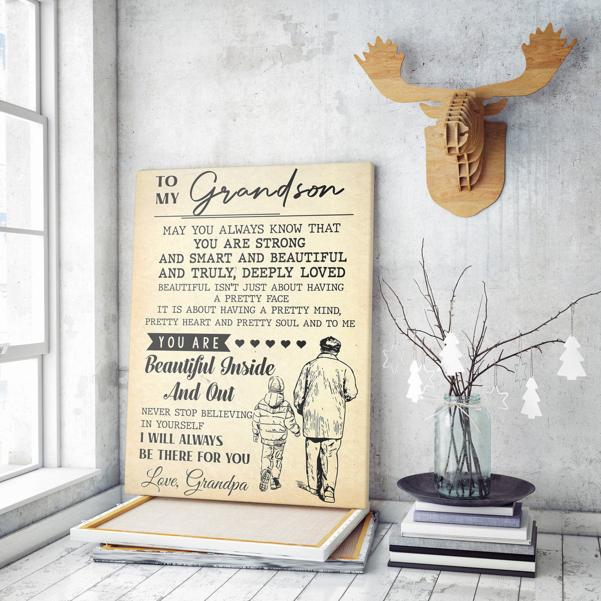 Personalized Home Decor Wall Art Gift Ideas Gift For Grandson from Grandpa, You Are Strong Smart Beautiful Deeply Loved Home Decor Wall Art Gift Ideas Framed Prints, Canvas