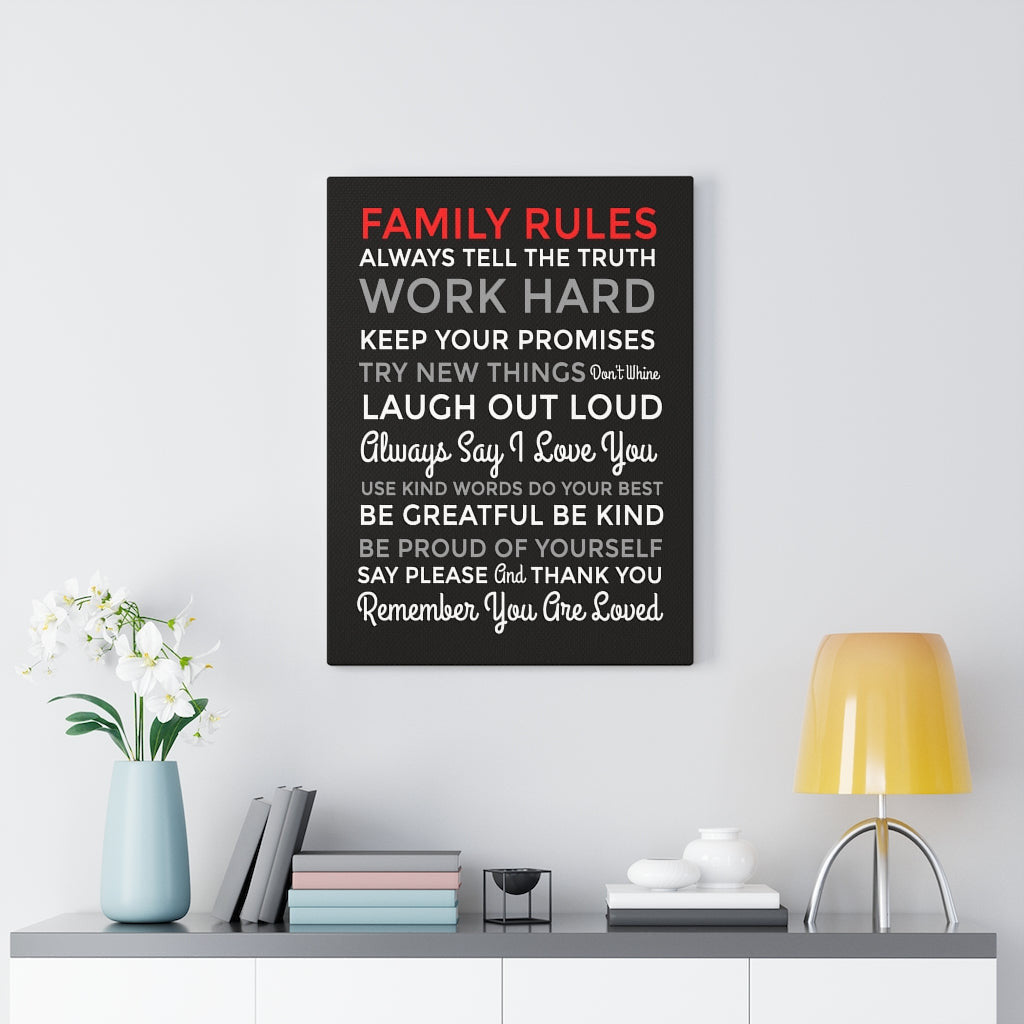 Family Rules Motivational Printed On Ready To Hang Stretched Canvas Wall Art Framed Prints, Canvas