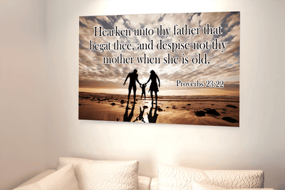 Scripture Canvas Hearken Unto Thy Father Proverbs 23:22 Scripture Christian Wall Art Bible Verse Meaningful Home Decor Gifts Unique Housewarming Gift Ideas Framed Prints, Canvas